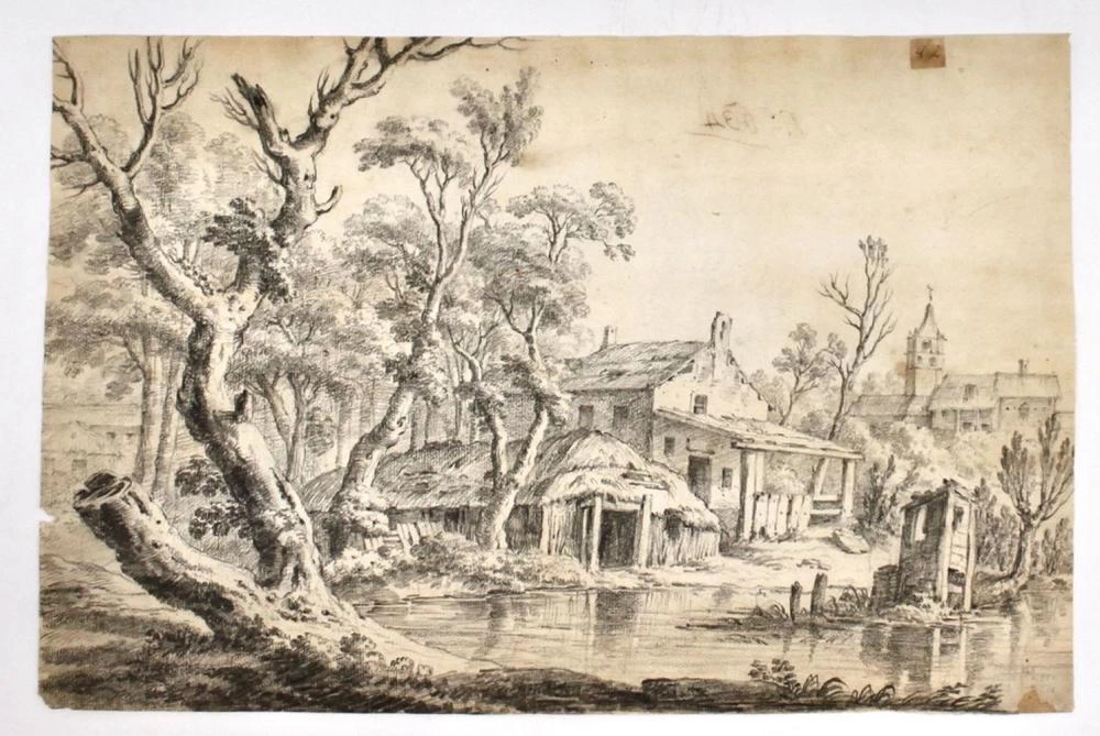 Vincenzo Martinelli-Paesaggio con edifici rustici  